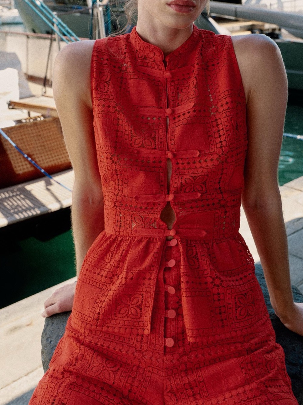 ZARA Red Guipure Lace Frog Fastening Top NWT Peplum Sleeveless Part of Coord set
